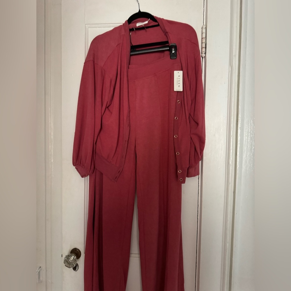 RISEN Stylish Pink Button-Up Cardigan and Pants Set.